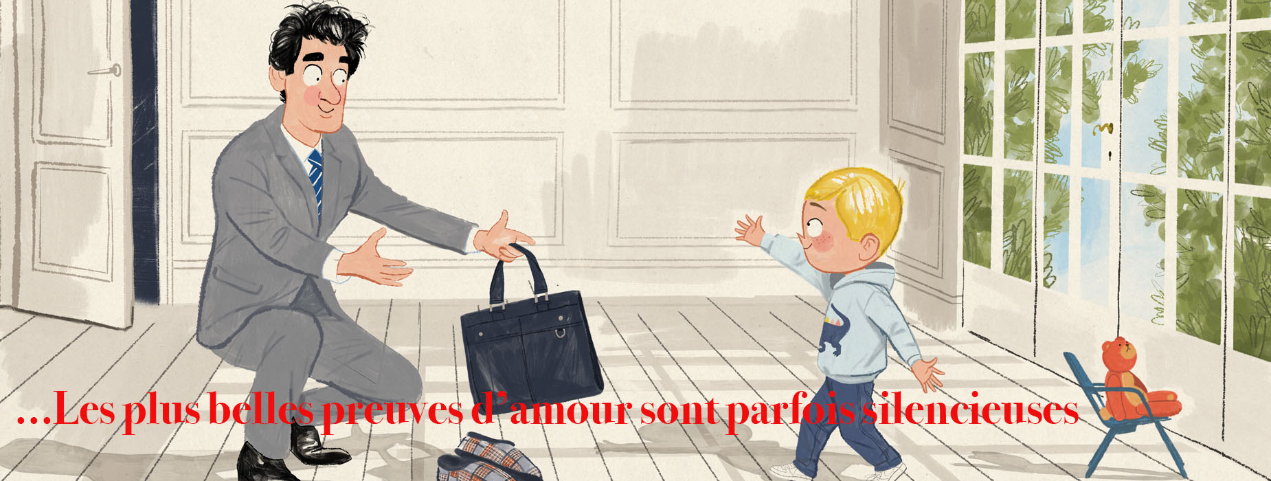 un petit garçon blond écarte les bras en retrouvant son papa. Légende : Les plus belles preuves d'amour sont parfois silencieuses.